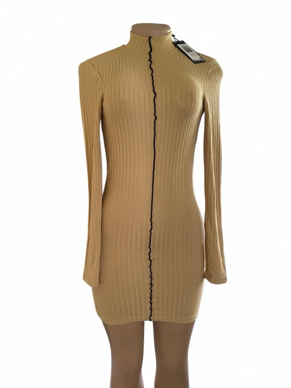 Vero Moda Camel Ribbed Long Sleeve Mock Neck Dress with Contrast Seam